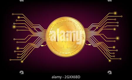 Detaillierter NFT-Token mit Goldmünze und Leiterplattenspuren auf dunkelrotem Hintergrund. Zahlen Sie für einzigartige Sammlerstücke in Spielen oder Kunst. Vektordarstellung. Stock Vektor