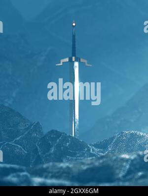 3d-Darstellung eines Schwertes im Stein mit einem surrealen Hintergrund. Stockfoto