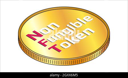 NFT nicht fungible Token isometrischer Text auf goldener Münze isoliert auf weiß. Zahlen Sie für einzigartige Sammlerstücke in Spielen oder Kunst. Vektordarstellung. Stock Vektor