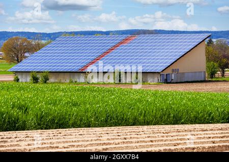 Grüner Energie mit Solarkollektoren auf dem Dach eines landwirtschaftlichen Gebäudes Stockfoto