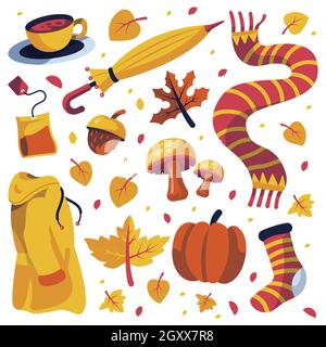 Handgezeichnete flache Herbstelemente Set Vektor-Illustration. Stock Vektor