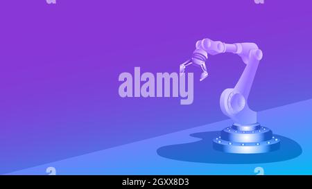 Mechanischer Roboterarm mit Greifer und Kopierraum auf farbigem Hintergrund. Vorlage für Banner oder Website. Vektorgrafik. Stock Vektor