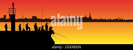 Silhouetten von Fischern mit Angelruten am Pier mit Leuchtturm und langer Skyline der Stadt vor dem Hintergrund des Sonnenuntergangs. Viele Leute mit langer Angelrute Stock Vektor