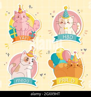 Illustrierte Geburtstag Kätzchen Aufkleber Set Vektor-Illustration. Stock Vektor