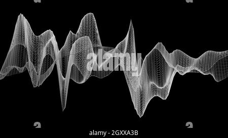 Einfarbige graue 3D-Drahtgallagewelle, abstrakte Visualisierung von Audio-Schallwellen vor schwarzem Hintergrund, Format 16:9 4K UHD Stockfoto