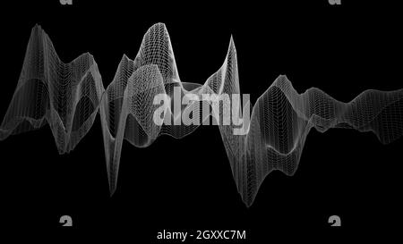 Einfarbige graue 3D-Drahtgallagewelle, abstrakte Visualisierung von Audio-Schallwellen vor schwarzem Hintergrund, Format 16:9 4K UHD Stockfoto