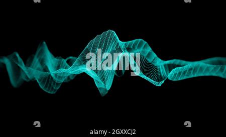 Türkisfarbenes 3D-Drahtgssystem, abstrakte Visualisierung von Audio-Schallwellen vor schwarzem Hintergrund, Format 16:9 4K UHD Stockfoto