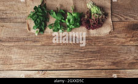 Gartenarbeit und gesundes Esskonzept mit verschiedenen Kräutern und Salat Blätter auf Holzhintergrund Stockfoto