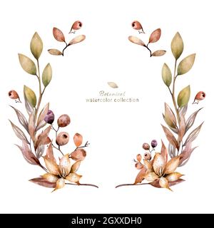 Hochzeit grüne Blätter, Blumenkranz. Exotische getrocknete Blumen quadratischen Rahmen, Palmblätter Boho Einladungskarte. Aquarell Vorlage Rahmen, speichern Datum, modern Stockfoto