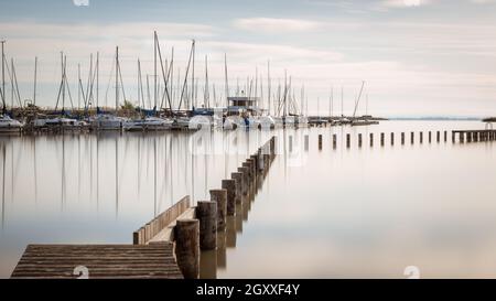 Jachthafen mit Segelbooten in der Stadt Rust am Neusiedler See im Burgenland an einem ruhigen Morgen Stockfoto