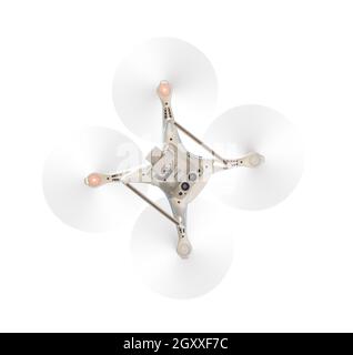 Drone Quadcopter von Unten isoliert auf einem weißen Hintergrund. Stockfoto