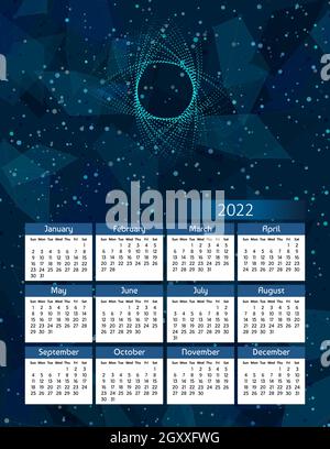 Vertikaler futuristischer Jahreskalender 2022, die Woche beginnt am Sonntag. Jährliche große Wandkalender bunte polygonale moderne Illustration in blau. A4 US lette Stock Vektor