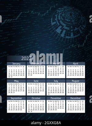 Vertikaler futuristischer Jahreskalender 2022, die Woche beginnt am Sonntag. Jährliche große Wandkalender bunte digitale moderne Illustration in blau. A4 US Letter Stock Vektor