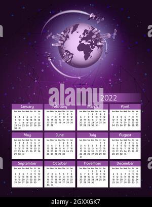 Vertikaler futuristischer Jahreskalender 2022 5g-Technologie mit Satelliten und Planet Erde, Woche beginnt Sonntag. Jährliche große Wand Kalender bunt modern Stock Vektor