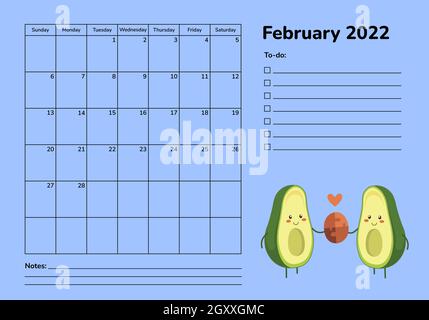 Horizontaler Planer 2022 mit Avocado. Kalenderseite Februar. Organizer Scheduler Timetable Vektorvorlage. Monatliche Seiten. Cartoon niedlich kawaii Stock Vektor
