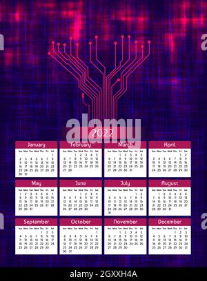 Vertikaler futuristischer Jahreskalender 2022 mit leiterplattenspuren, die Woche beginnt am Sonntag. Jährliche große Wandkalender bunte moderne digitale Illustration in rot Stock Vektor