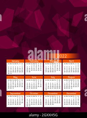 Vertikaler futuristischer Jahreskalender 2022, die Woche beginnt am Sonntag. Jährliche große Wandkalender Bunte moderne polygonale Illustration in rot und orange. A4 Stock Vektor