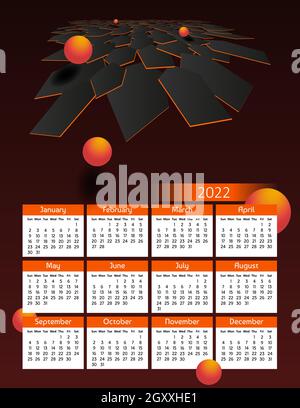 Vertikaler futuristischer Jahreskalender 2022, die Woche beginnt am Sonntag. Jährliche große Wandkalender farbenfrohe moderne polygonale Illustration in orange. A4 US lett Stock Vektor