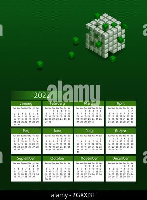 Vertikaler futuristischer Jahreskalender 2022 mit Blockchain-Cubes beginnt die Woche am Sonntag. Jährliche große Wandkalender bunte moderne Illustration in grün. Stock Vektor