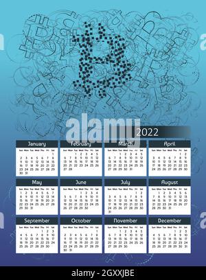 Vertikaler futuristischer Jahreskalender 2022 mit Bitcoin Kryptowährung Thema, Woche beginnt am Sonntag. Jährliche große Wand Kalender bunt modern illustrati Stock Vektor