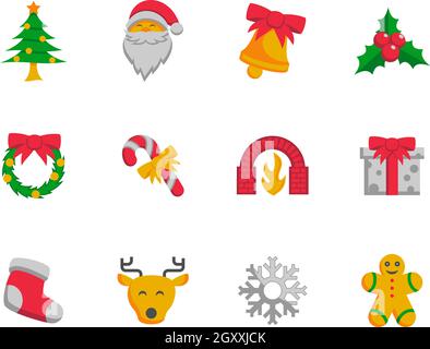 Farbiger Icon-Satz im Zusammenhang mit Weihnachten, flacher Style-Vektor Stock Vektor