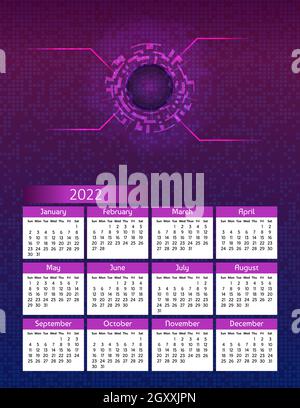Vertikaler futuristischer Jahreskalender 2022 Thema Digitaltechnik, die Woche beginnt am Sonntag. Jährliche große Wandkalender farbenfrohe moderne Illustration in pur Stock Vektor