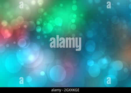 Abstrakter Verlauf hellgrün blau pastellfarben glänzend verschwommene Hintergrundtextur mit kreisförmigen Bokeh-Lichtern im weichen Farbstil. Schöne Kulisse. Raum f. Stockfoto