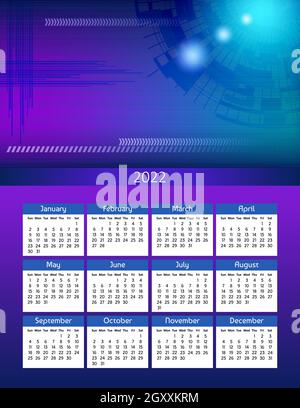 Vertikaler futuristischer Jahreskalender 2022 abstraktes digitales Thema, die Woche beginnt am Sonntag. Jährliche große Wandkalender bunte moderne Illustration in blau. Stock Vektor