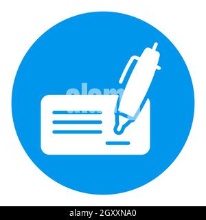 Leerer Bankscheck mit Stift und weißem Glyphsymbol. E-Commerce-Zeichen. Graph-Symbol für Ihr Website-Design, Logo, App, UI. Vektorgrafik, Stockfoto