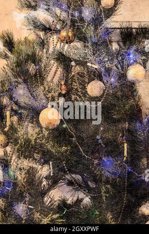 Weihnachtskiefer. Weihnachtsbaum mit Ballons, Girlanden und Ornamenten. Ruhige Pastelltöne. Digitale Aquarellmalerei. Stockfoto