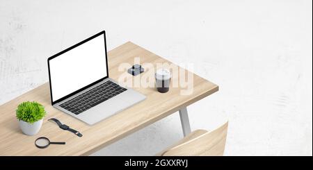 Laptop auf dem Schreibtisch in isometrischer Position. Isolierte Anzeige für die Webseitendarstellung Stockfoto