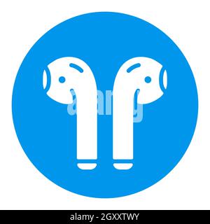 Kabellose AirPods-Kopfhörer mit Vektorsymbol für weiße Glyphen. Musikschild. Graph-Symbol für Musik und Sound Website und Apps Design, Logo, App, UI Stockfoto