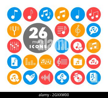 Noten flache Vektor weiße Glyphen Symbole gesetzt. Graph-Symbol für Musik und Sound Website und Apps Design, Logo, App, UI Stockfoto