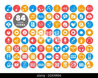 Musikvektor, flache weiße Glyphe, Symbolsatz. Graph-Symbol für Musik und Sound Website und Apps Design, Logo, App, UI Stockfoto