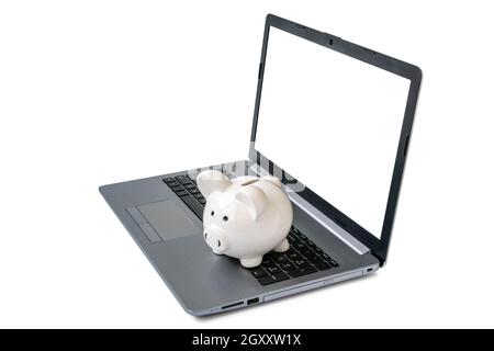 Sparschwein mit Laptop, was bedeutet, Geld verdienen online oder Internet-Business-Konzepte. Leerer Bildschirm, Kopierbereich. Stockfoto