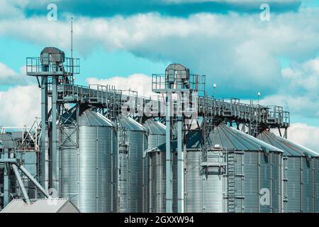 Landwirtschaftliche Silo. Set von Lagertanks kultivierten landwirtschaftlichen Nutzpflanzen Verarbeitungsanlage. Lagerung und Trocknung von Getreide, Weizen, Mais, Soja, Heu. Stockfoto