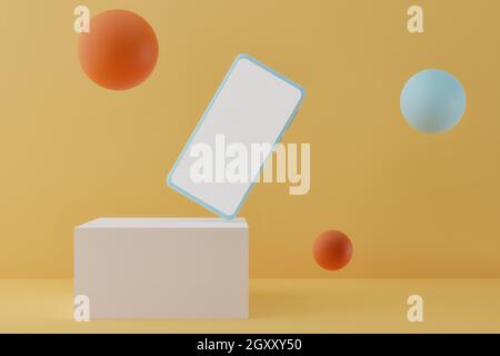Blaues Smartphone-Mockup auf quadratischem Podium mit fliegenden Blasen auf pastellfarbenem Hintergrund. 3d-Mobiltelefon mit leerem weißen Bildschirm, einfaches Design. 3d-Darstellung des modernen Gerätebildschirms Stockfoto