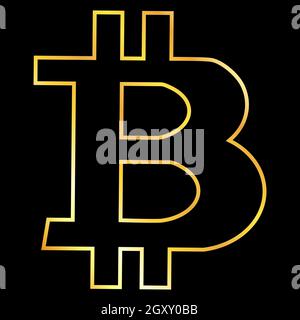 Gold Contour Bitcoin BTC Token Symbol auf schwarz isoliert. Designelement. Vektorgrafik. Stockfoto