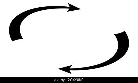 Zirkulations- und Rotationsisometrisches Konzept mit zyklischen Pfeilen und Kopierraum zwischen ihnen in monochromer Silhouette isoliert auf Weiß. Vektordesign el Stockfoto