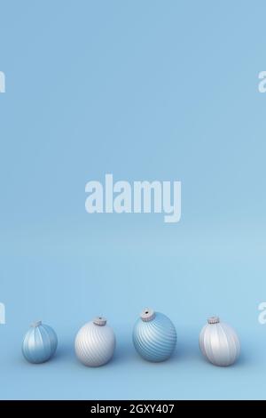 3D-Komposition für Weihnachten im Winter. Weihnachtsstudio. Minimalistischer abstrakter festlicher Neujahrshintergrund mit weißen und blauen Weihnachtskugeln. Urlaubsvorlage. Vert Stockfoto