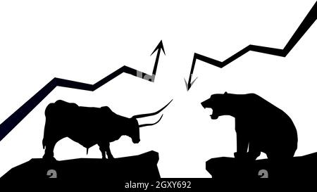 Silhouette bullischer Trend gegenüber bärischem Trend mit auf- und Abwärtspfeilen auf weißem Hintergrund. Stier und Bär auf Felsen einander gegenüber. Vektorgrafik Stock Vektor