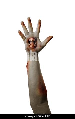 Zombie Hände mit einem Mund auf seiner Handfläche isoliert auf weißem Hintergrund Stockfoto