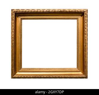 Alte breite klassische goldene Bilderrahmen mit ausgeschnittener Leinwand Isoliert auf weißem Hintergrund Stockfoto