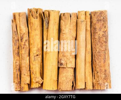 Draufsicht auf mehrere Stäbchen mit kontinentalem ceylon-Zimt in der Nähe Oben auf grauer Keramikplatte Stockfoto