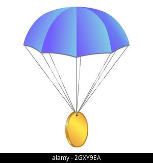 AirDrop Konzept Fallschirm mit Münze isoliert auf weiß. Leere Goldmünze mit Platz für Logo oder Symbol. Vektorgrafik. Stock Vektor