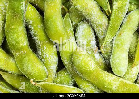 Lebensmittelhintergrund - viele gefrorene Edamame (unreife Sojabohnen) Pods in Nahaufnahme Stockfoto