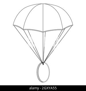 AirDrop Konzept Fallschirm mit Münze Umriss isoliert auf weiß. Leere graue Münze mit Platz für Logo oder Symbol. Vektorgrafik. Stock Vektor