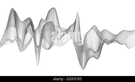 Graues monochromes 3D-Drahtmodell, abstrakte Visualisierung von Audio-Schallwellen isoliert vor weißem Hintergrund, Format 16:9 4K UHD Stockfoto