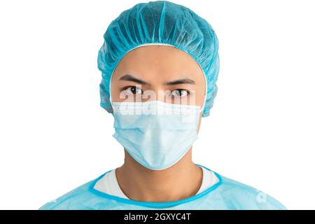 Nahaufnahme Arzt trägt medizinische Maske isoliert Stockfoto