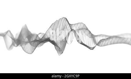 Graues monochromes 3D-Drahtmodell, abstrakte Visualisierung von Audio-Schallwellen isoliert vor weißem Hintergrund, Format 16:9 4K UHD Stockfoto